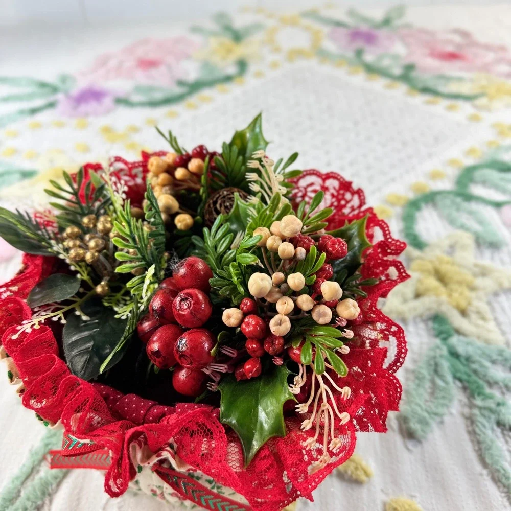 Vintage Christmas Floral Arrangement Fabric Pot Red Berry Lace Centerpiece